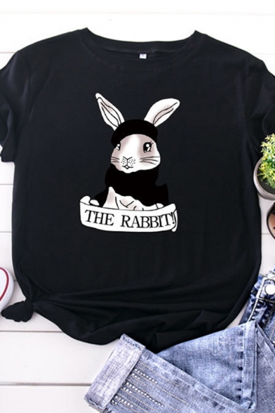 Popular Girls Roll-Up Sleeve Round Neck Rabbit Letter THE RABBIT Slim Fit T Shirt