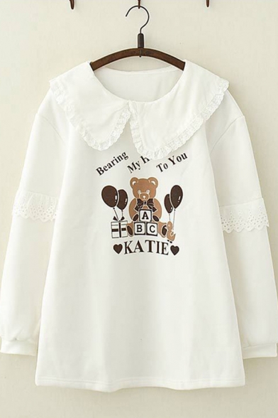 Preppy Girls Long Sleeve Peter Pan Collar Bear Letter KATIE Graphic Lace Trim Stringy Selvedge Relaxed Pullover Sweatshirt