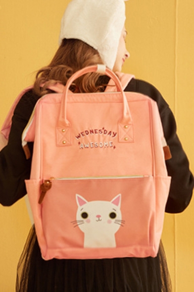 Preppy Looks Letter THURSDAY AWESOME Cartoon Cat Print Large Capacity Backpack