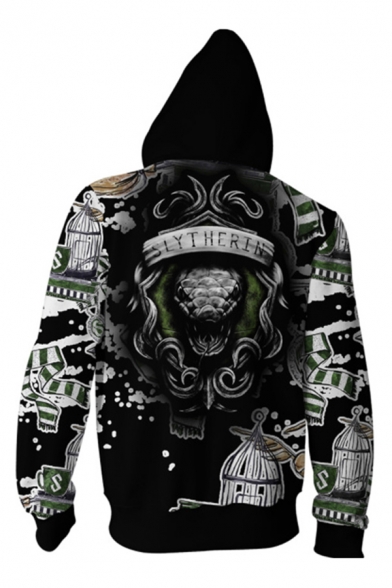 Pretty Cool Boys Long Sleeve Zip Up Drawstring Harry Potter 3D Mixed Printed Loose Hoodie in Black