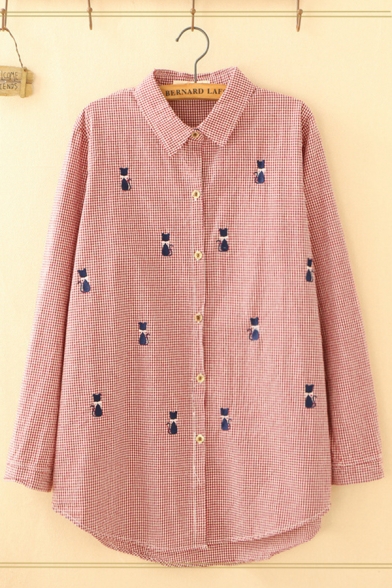 Pretty Long Sleeve Lapel Collar Button Front Checkered Cat Embroidered Curved Hem Oversize Shirt