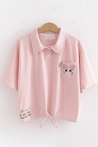 Simple Cute Womens Short Sleeve Lapel Collar Button Up Letter Cat Embroidery Drawstring Hem Relaxed Crop Polo Shirt