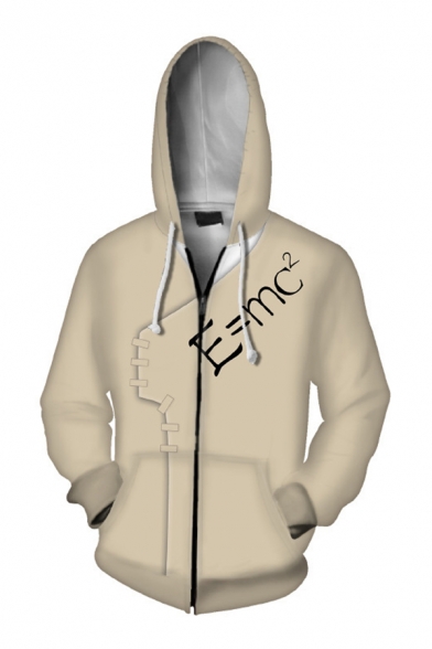 Stylish Guys Long Sleeve Drawstring Zipper Front Formula 3D Printed Relaxed Hoodie in Apricot