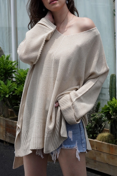 Stylish Ladies' Solid Color Roll-Up Sleeve Drop Shoulder Waffle Knitted Oversize Long Sweater Top