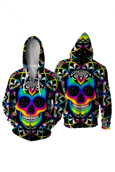 Stylish Street Mens Long Sleeve Zipper Front Drawstring Skull Floral All Over 3D Printed Loose Fit Hoodie