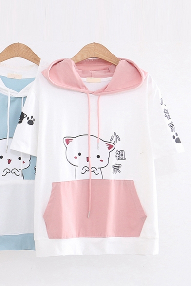Trendy Girls Short Sleeve Drawstring Chinese Letter Cartoon Print Pouch Pocket Color Block Relaxed Hooded Tee