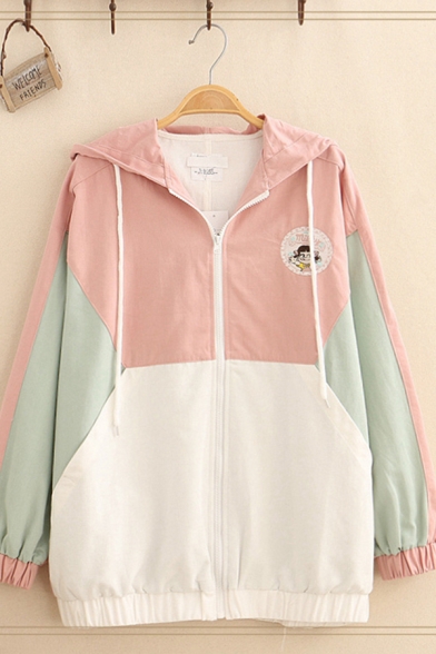 Trendy Long Sleeve Hooded Zipper Front Letter MILKY Cartoon Embroidered Colorblock Drawstring Relaxed Jacket