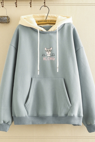 Trendy Womens Long Sleeve Drawstring Letter ALONG Dog Graphic Contrasted Pouch Pocket Oversize Hoodie