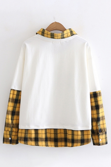 Women's Stylish Long Sleeve Lapel Collar Checkered Patchwork Japanese Cat Print Loose Fit Shirt