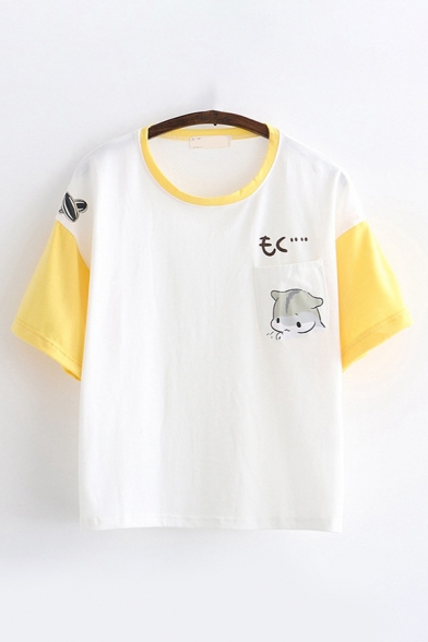 Womens Fashion Short Sleeve Round Neck Japanese Letter Mouse Graphic Colorblock Relaxed T Shirt