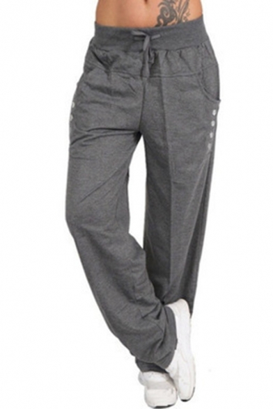 Casual Cool Girls Plain Drawstring Waist Button Detail Long Length Straight Trousers