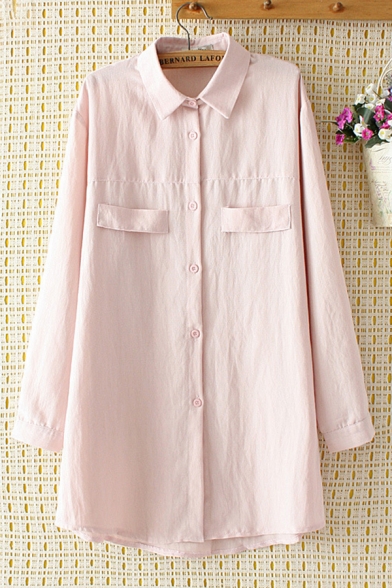 Casual Pretty Ladies Long Sleeve Button Down Patched Strap Plain Long Loose Fit Shirt
