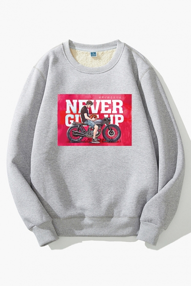 Casual Warm Boys' Long Sleeve Crew Neck Letter NEVER GIVE UP Comic Printed Sherpa Liner Loose Pullover Sweatshirt