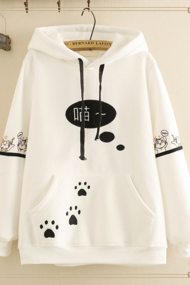 Casual Women's Long Sleeve Drawstring Chinese Letter Footprint Pattern Pouch Pocket Relaxed Fit Hoodie