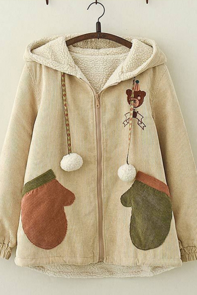 Casual Womens Long Sleeve Zip Up Hooded Pom Pom Drawstring Bear Glove Embroidered Corduroy Sherpa Liner Relaxed Jacket