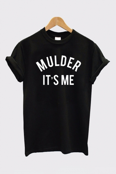 Cool Black Roll-Up Sleeve Crew Neck Letter MULDER IT'S ME Printed Relaxed Tee Top for Women