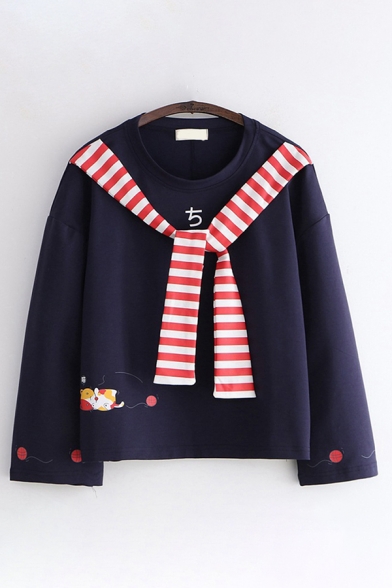 Cute Girls Long Sleeve Crew Neck Japanese Letter Cat Graphic Tied Striped Relaxed Fitted T Shirt