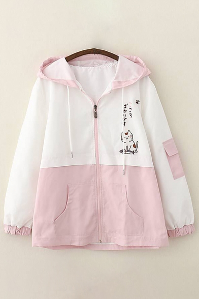 Cute Leisure Long Sleeve Zipper Front Japanese Letter Cat Graphic Colorblocked Drawstring Oversize Trench Coat for Ladies