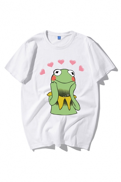 Cute Preppy Girls Short Sleeve Crew Neck Funny Frog Heart Patterned Relaxed Fitted Tee