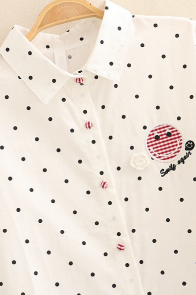 Designer Long Sleeve Lapel Collar Button Down Letter SMILE AGAIN Graphic Embroidered Polka Dot Stripe Loose Shirt in White