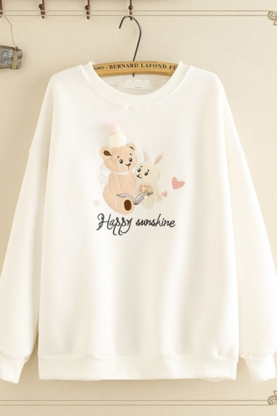 Fancy Girls Long Sleeve Crew Neck Letter HAPPY SUNSHINE Bear and Rabbit Embroidered Loose Fit Pullover Sweatshirt