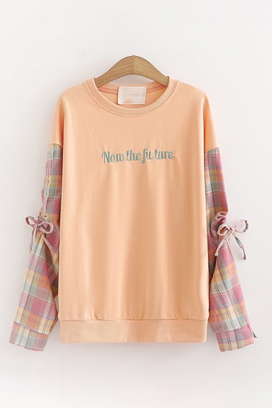 Fancy Popular Girls' Drawstring Sleeves Round Neck Letter NOW THE FUTURE Printed Checkered Panel Relaxed T Shirt