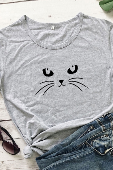 Fashion Roll-Up Sleeve Round Neck Cat Pattern Loose Fit T Shirt for Girls
