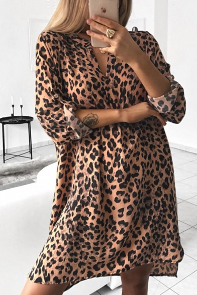 Fashion Women's Roll Up Sleeves V-Neck Leopard Pattern Belted Short A-Line Dress