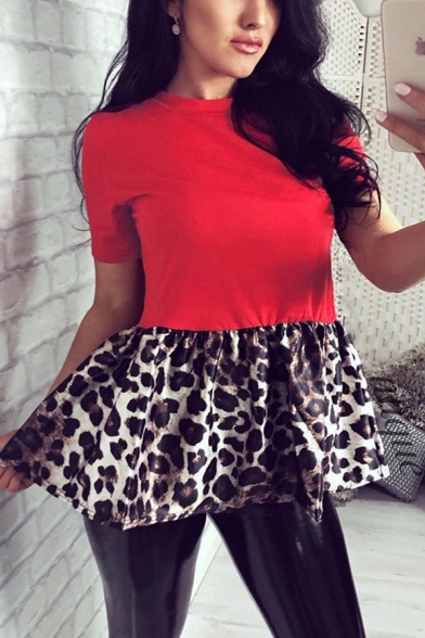 Fashionable Short Sleeve Crew Neck Ruffled Trim Leopard Print Panel Relaxed Tee