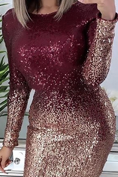 Glamorous Ladies' Red Bling Bling Long Sleeve Round Neck Open Back Sequined Ombre Short Bodycon Dress for Party