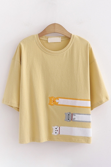 Harajuku Girls Bell Sleeve Round Neck Cat Embroidered Loose Fit Crop T Shirt