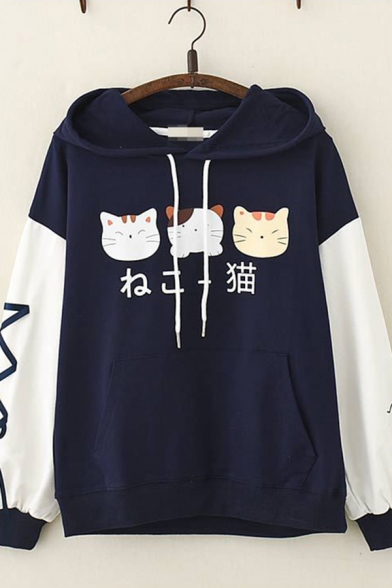 Hoodies for Women Japan Cute Cat Sweatshirt Drawstring Long Sleeve Pullover Hoodie Shirt with Pocket 