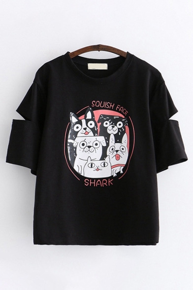 Korean Cute Girls Short Sleeve Round Neck Letter SHARK Dog Graphic Cut Out Loose T Shirt