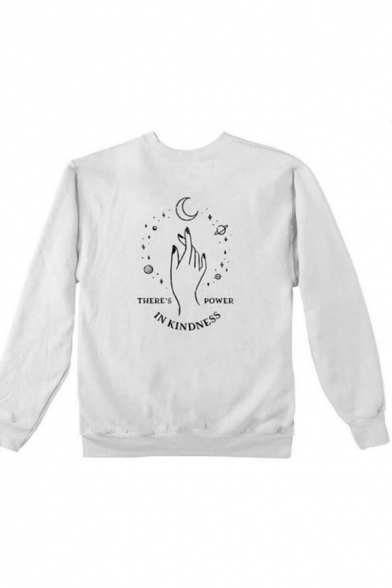 Ladies Stylish Long Sleeve Round Neck Letter IN KINDNESS Moon Hand Graphic Relaxed Pullover Sweatshirt