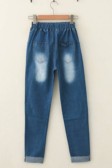 Leisure Elastic Waist Bleach Ripped Rolled Cuffs Carrot Fit Jeans in Blue