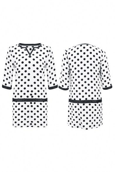 Leisure Fashion Girls Three-Quarter Sleeves V-Neck Polka Dot Printed Contrast Piped Mini Swing Dress