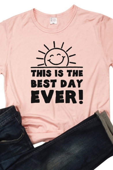 Leisure Womens Roll Up Sleeve Crew Neck Letter THIS IS THE BEST DAY EVER Sun Graphic Relaxed Fit T-Shirt