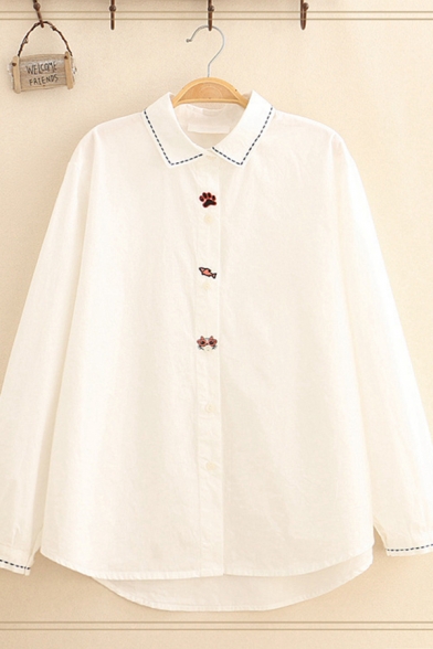 Lovely Basic Girls Long Sleeve Lapel Collar Button Down Footprint Fish Cat Embroidery Contrast Piped Loose Shirt in White