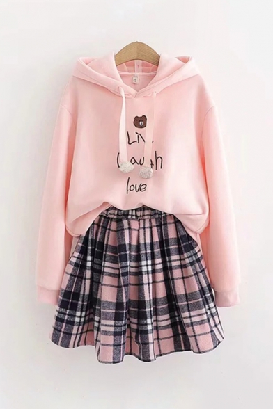 Lovely Girls Long Sleeve Drawstring Letter LIVE LAUGH LOVE Bear Embroidered Loose Fit Hoodie in Pink