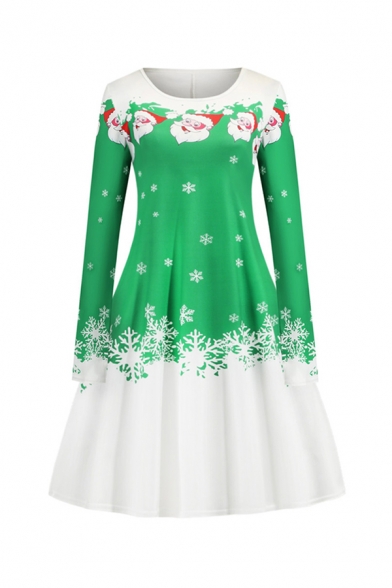 Lovely Girls' Long Sleeve Round Neck Santa Claus Snow Printed Colorblock Short A-Line Pleated Christmas Dress