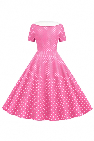 Lovely Girls' Short Sleeve Lapel Neck Double Breasted Polka Dot Pattern Maxi Pleated Swing Dress for Prom