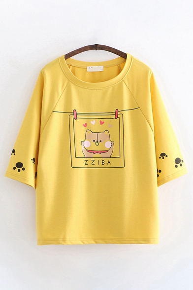 Lovely Girls Three-Quarter Sleeve Round Neck Cat Footprint Print Letter ZZIBA Relaxed Graphic T-Shirt