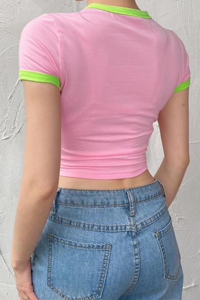 Lovely Stylish Street Girls Short Sleeve Crew Neck Letter IT'S NOT YOUR FAULT Rabbit Graphic Contrast Piped Slim Fit Crop Tee in Pink
