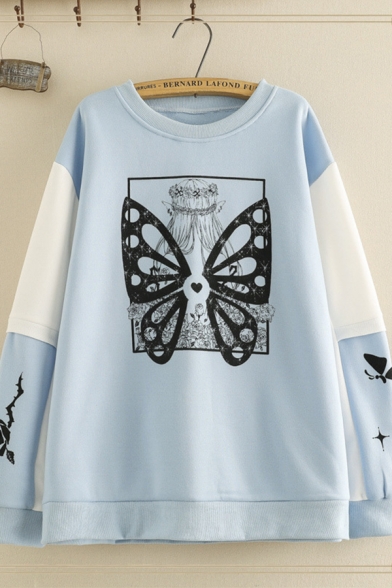 Popular Men's Long Sleeve Crew Neck Butterfly Cartoon Patterned Colorblock Oversize Sweatshirt