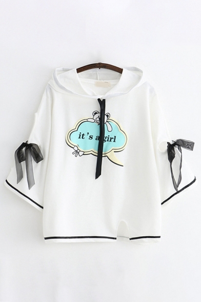 Preppy Girls Bell Sleeves Drawstring Letter IT'S A GIRL Bear Graphic Bow Tie Contrast Piped Slit Front Loose Hoodie in White