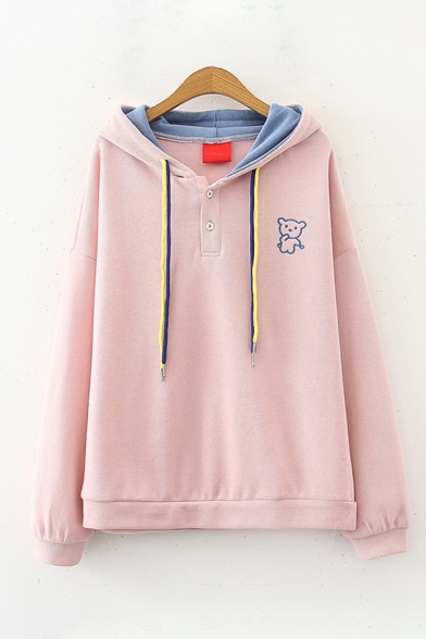 Preppy Girls Long Sleeve Drawstring Bear Embroidery Button Detail Contrasted Relaxed Fit Hoodie