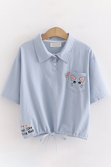 Simple Cute Womens Short Sleeve Lapel Collar Button Up Letter Cat Embroidery Drawstring Hem Relaxed Crop Polo Shirt