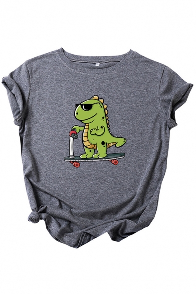Simple Womens Roll Up Sleeve Round Neck Dinosaur Printed Relaxed T Shirt