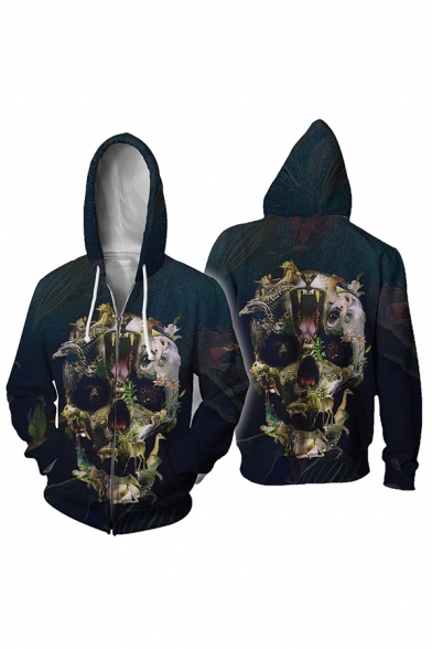 Stylish Street Mens Long Sleeve Zipper Front Drawstring Skull Floral All Over 3D Printed Loose Fit Hoodie
