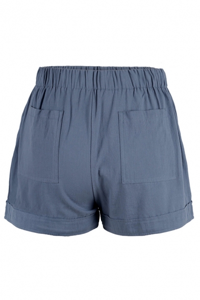 Summer Leisure Trendy Drawstring Waist Solid Color Rolled Cuffs Relaxed Shorts for Women